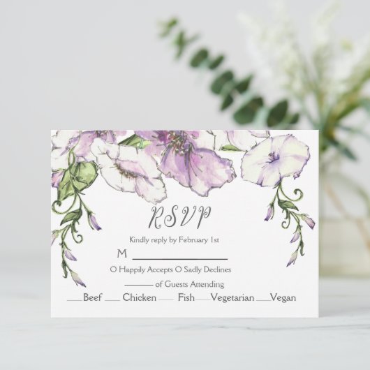 Moderne Pansy bruiloft RSVP Kaartje (Staand voorkant)