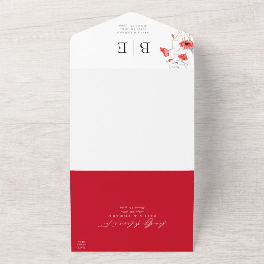 Moderne papaver rode bloemen monogram bruiloft all in one uitnodiging (Buitenkant)