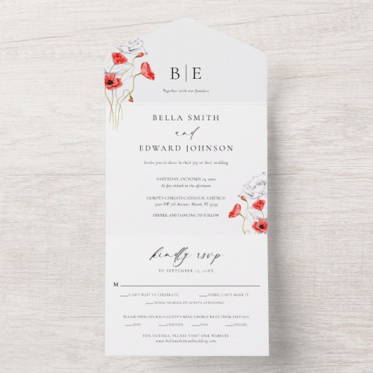 Moderne papaver rode bloemen monogram bruiloft all in one uitnodiging (Binnen)