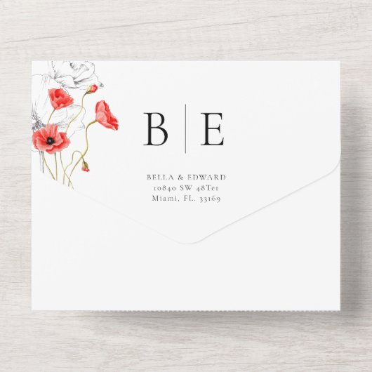 Moderne papaver rode wilde bloemen monogram bruilo all in one uitnodiging (Achterkant)