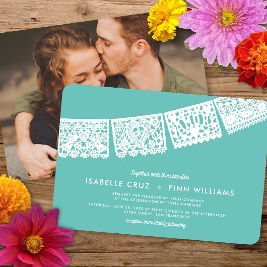 Moderne Papel Picado Aangepaste kleur + Foto | Wed Kaart