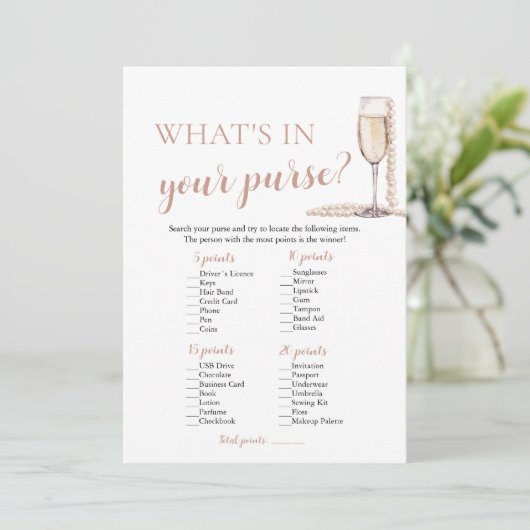 Moderne Parels & Prosecco Wat zit er in je tas spe Kaart (Staand voorkant)