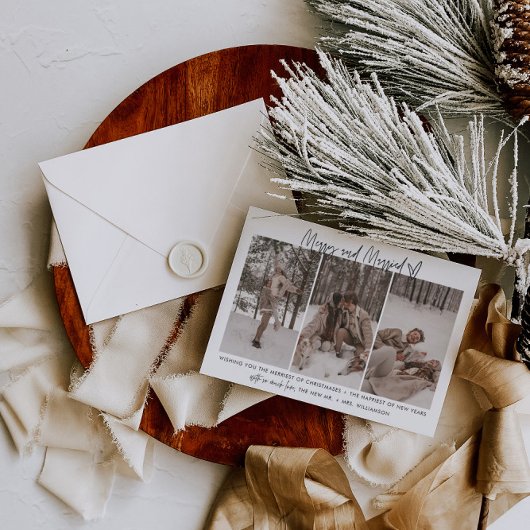 Moderne Pas getrouwd, vrolijk en gehuwd vakantieka Feestdagenkaart