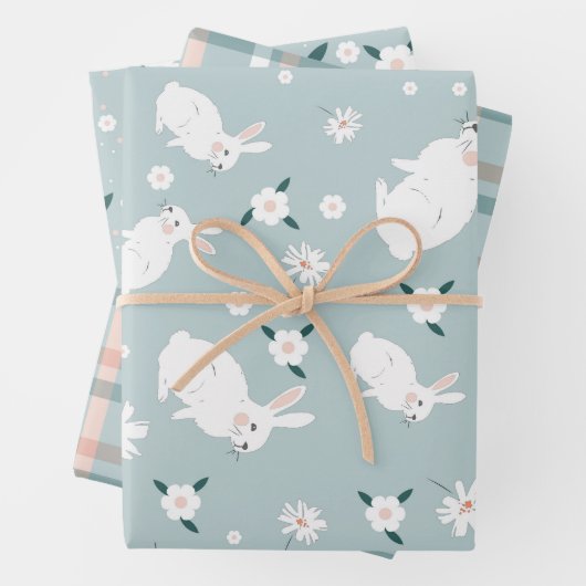 Moderne Pasen Saffier blauw en roze set van 3 Inpakpapier Vel (In situ)