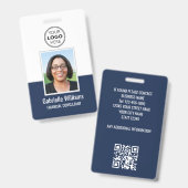 Moderne pasfoto Werknemer QR Beveiliging Blauw Mar Badge (Voor- en achterkant)