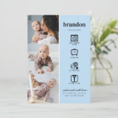 Moderne Pasgeboren Baby Fotocollage Stats Blue Bir Aankondiging (Staand voorkant)