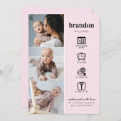 Moderne Pasgeboren Baby Fotocollage Stats Roze Geb Aankondiging (Voorkant / Achterkant)