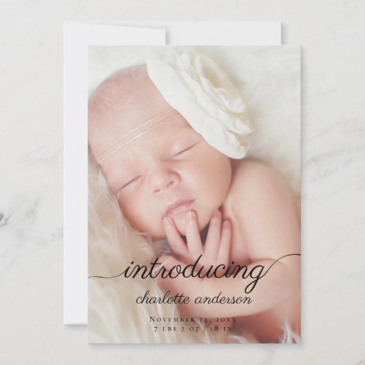 Moderne pasgeboren foto Elegante kalligrafie geboo Aankondiging (Voorkant)