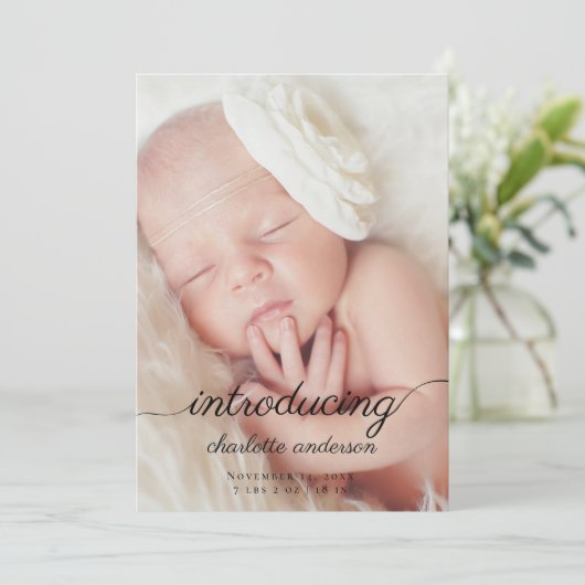 Moderne pasgeboren foto Elegante kalligrafie geboo Aankondiging (Staand voorkant)