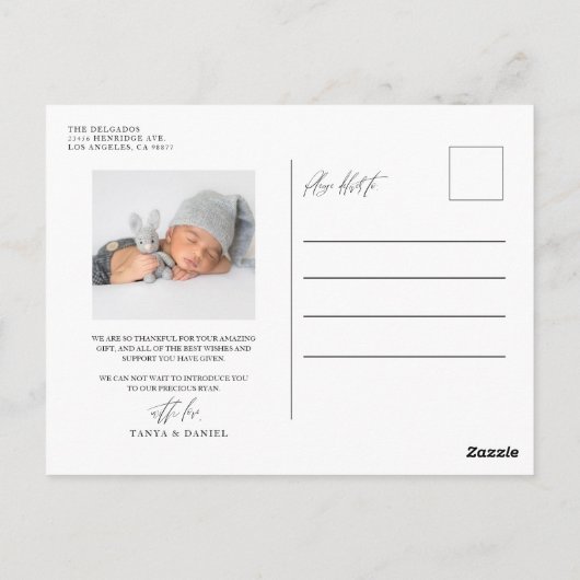 Moderne pasgeboren geboorte aankondiging foto dank briefkaart (Achterkant)