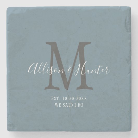 Moderne Passen getrouwd gevestigd usty Blue Monogr Stenen Onderzetter (Voorkant)