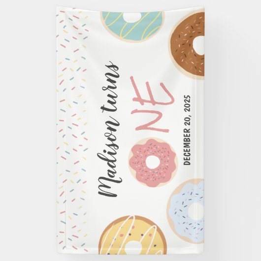Moderne pasta Donuts en prinkles eerste verjaardag Spandoek (Verticaal)
