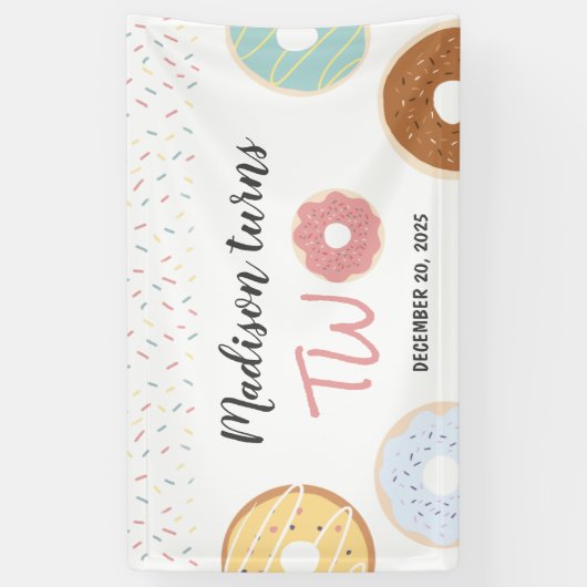 Moderne pasta Donuts en prinkles Tweede verjaardag Spandoek (Verticaal)
