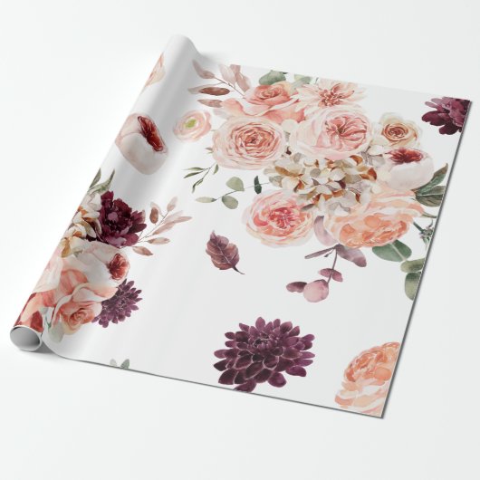 Moderne pastbloemen en gepersonaliseerde Kraft-cad Cadeaupapier (Uitgerold)