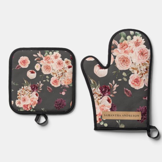 Moderne pastbloemen en gepersonaliseerde Kraft-cad Ovenwant & Pannenlap Set (Voorkant)