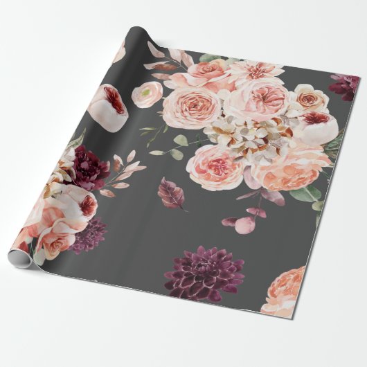 Moderne pastbloemen en kraft Black Cadeaupapier (Uitgerold)