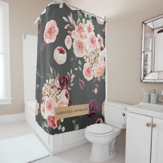 Moderne pastbloemen en kraft Black Douchegordijn (In situ)