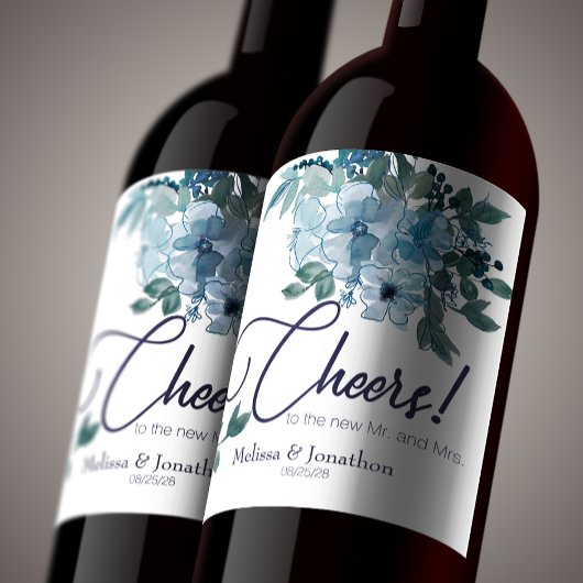 Moderne pasteelblauwe Rozen Wijn Etiket