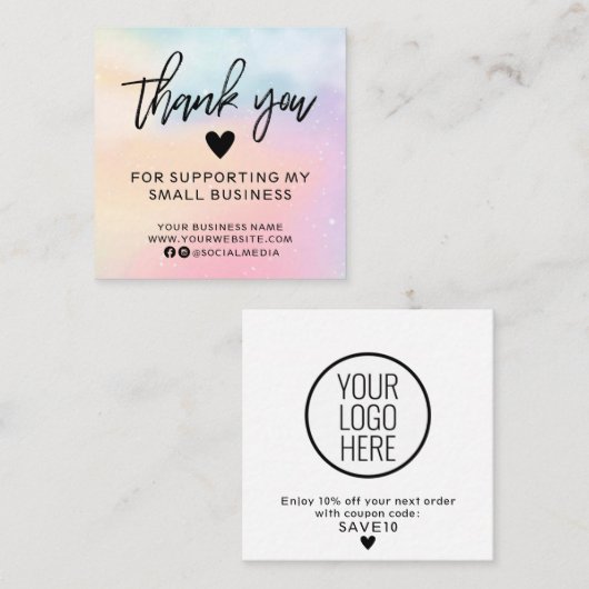 Moderne pasteelregenboog bedankt vierkante visitekaartje (Voorkant / Achterkant)