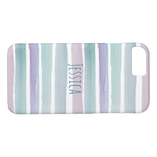 Moderne pasteelWaterverf Stripes monogram naam Case-Mate iPhone Case (Achterkant (Horizontaal))