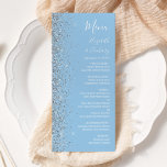Moderne Pastel Baby Blauw Zilver Glitter Bruiloft Menu<br><div class="desc">De linkerrand van dit elegante moderne huwelijksmenu is voorzien van een zilveren faux glitter design. De aanpasbare tekst combineert wit handschrift,  koperplaat en cursieve lettertypen op een pastel baby blauwe achtergrond. De achterkant heeft een bijpassend baby blauw en zilver glitter ontwerp.</div>