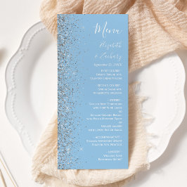 Moderne Pastel Baby Blauw Zilver Glitter Bruiloft Menu