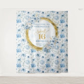 Moderne Pastel Blauw Sweet 16 Gouden Glitter Achte Wandkleed (Voorkant)