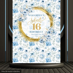 Moderne Pastel Blauw Sweet 16 Gouden Glitter Achte Wandkleed