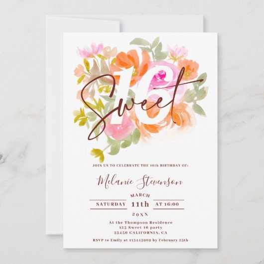 Moderne  pastel bloemenchique foto Sweet 16 Kaart (Voorkant)