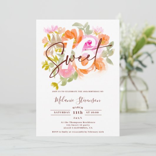 Moderne  pastel bloemenchique foto Sweet 16 Kaart (Staand voorkant)