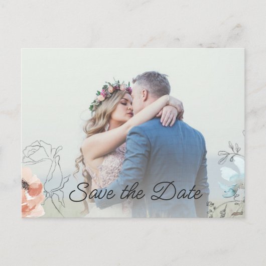 Moderne pastel bloemlijn tekening foto bruiloft aankondigingskaart (Voorkant)