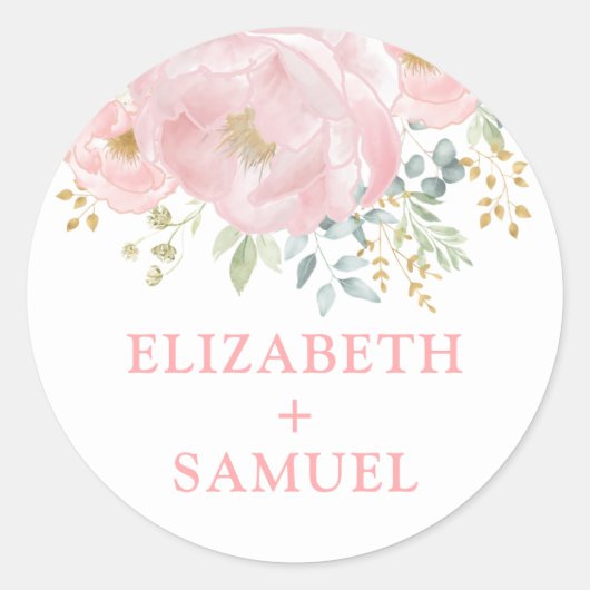 Moderne Pastel Blush Roze Bloemen Groen Bruiloft Ronde Sticker (Voorkant)