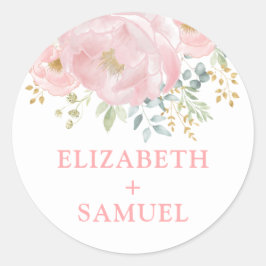 Moderne Pastel Blush Roze Bloemen Groen Bruiloft Ronde Sticker