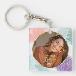 Moderne Pastel en Gouden Glitter Foto Naam Verjaar Sleutelhanger