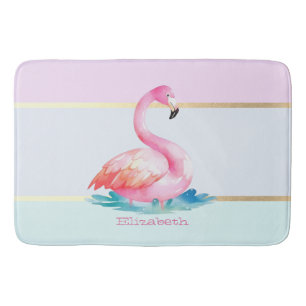Moderne pastel gestreept, roze flamingo's badmat