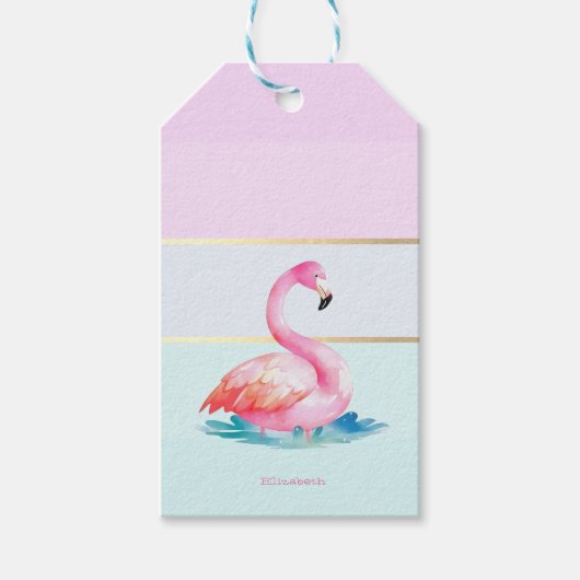 Moderne pastel gestreept, roze flamingo's cadeaulabel (Voorkant)