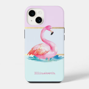 Moderne pastel gestreept, roze flamingo's iPhone 14 hoesje