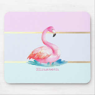 Moderne pastel gestreept, roze flamingo's muismat
