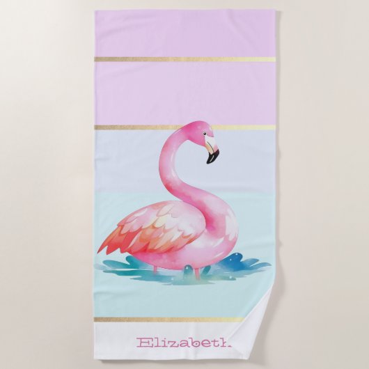 Moderne pastel gestreept, roze flamingo's strandlaken (Voorkant)