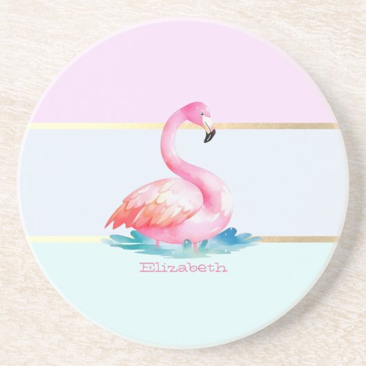 Moderne pastel gestreept, roze flamingo's zandsteen onderzetter (Voorkant)