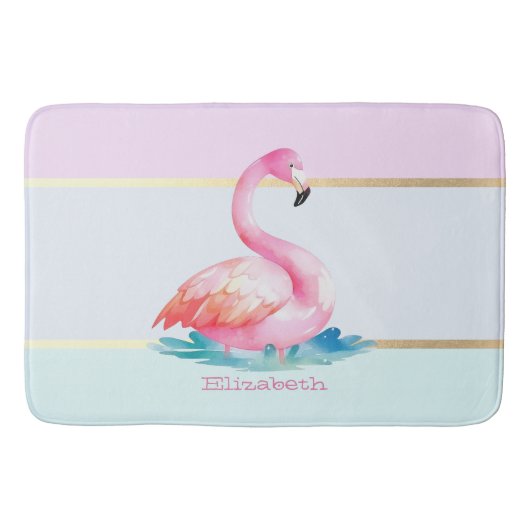 Moderne Pastel Gestreepte, Roze Flamingo's Badmat (Voorkant)