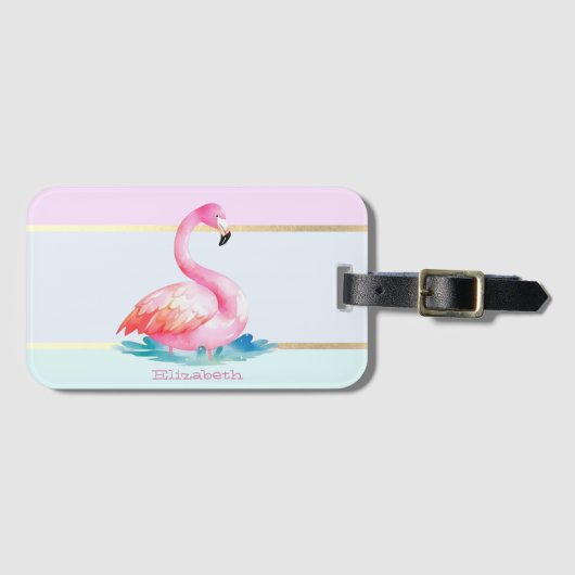 Moderne Pastel Gestreepte, Roze Flamingo's  Bagagelabel (Voorkant (horizontaal))