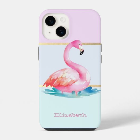 Moderne Pastel Gestreepte, Roze Flamingo's iPhone Hoesje (Achterkant)