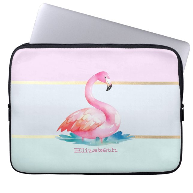 Moderne Pastel Gestreepte, Roze Flamingo's Laptop Sleeve (Voorkant)