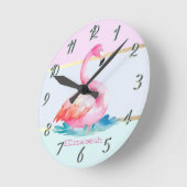 Moderne Pastel Gestreepte, Roze Flamingo's Ronde Klok (Hoek)