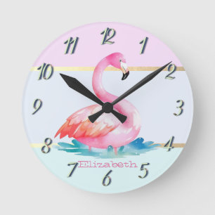 Moderne Pastel Gestreepte, Roze Flamingo's Ronde Klok