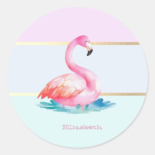 Moderne Pastel Gestreepte, Roze Flamingo's Ronde Sticker (Voorkant)