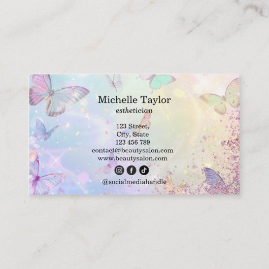 Moderne Pastel Glitter Vlinder Estheticia Make-up Visitekaartje (Achterkant)