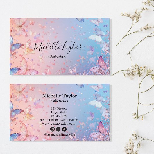 Moderne Pastel Glitter Vlinder Estheticia Make-up Visitekaartje