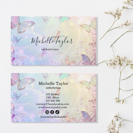 Moderne Pastel Glitter Vlinder Estheticia Make-up Visitekaartje